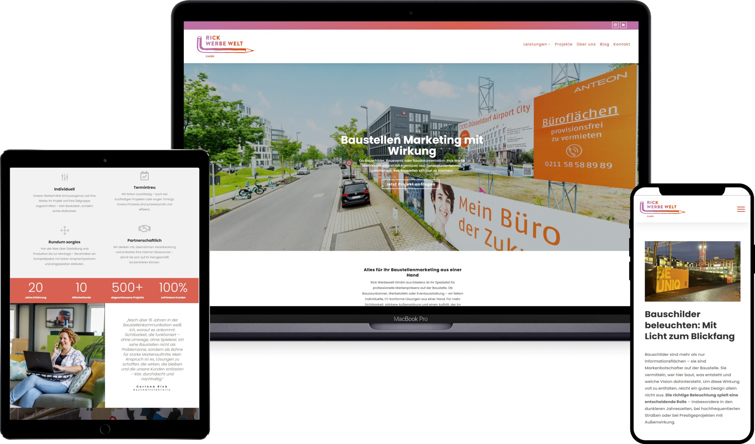 Mockup des responsiven Webdesigns für Rick Werbe Welt auf Laptop, Tablet und Smartphone, spezialisiert auf Baustellenmarketing in Düsseldorf und Recklinghausen.
